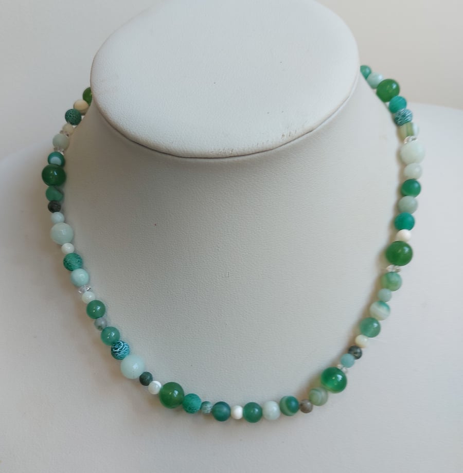 Green and white gemstone necklace featuring Aventurine and Green Jade