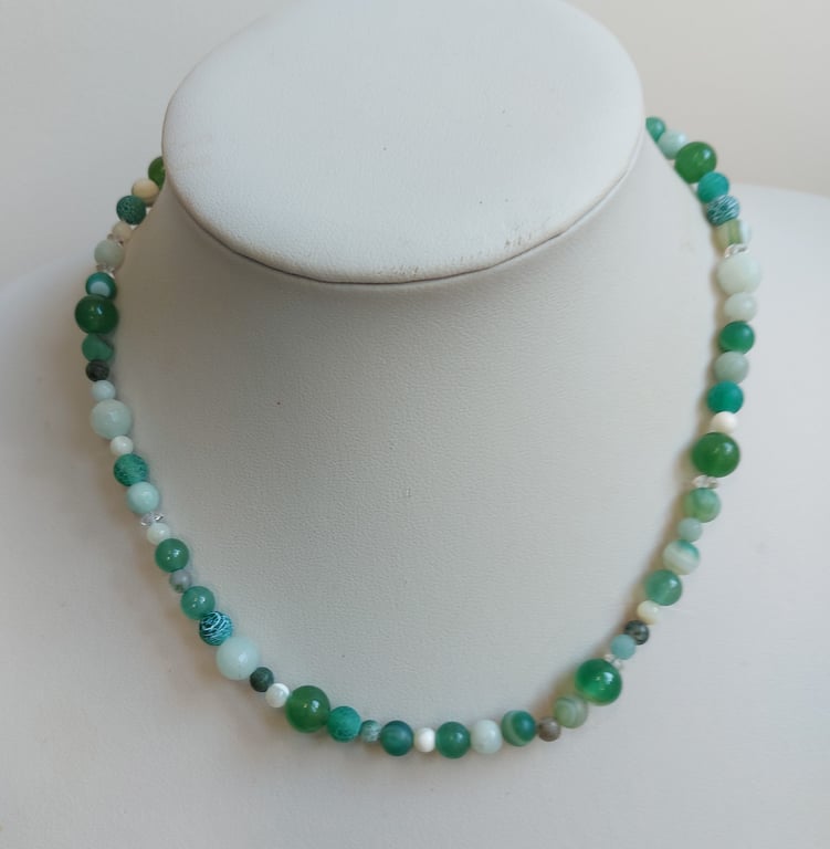 Green and white gemstone necklace featuring Aventurine and Green Jade