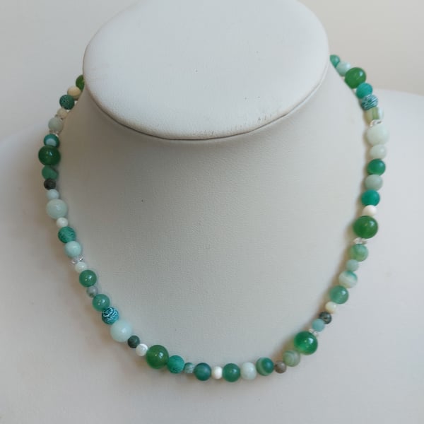 Green and white gemstone necklace featuring Aventurine and Green Jade