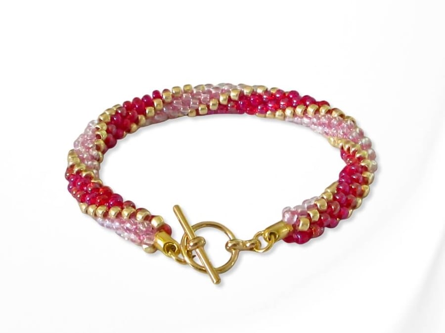 Red Clear & Pink 3 Stripes Kumihimo Seed Bead Bracelet - Choose Your Colours