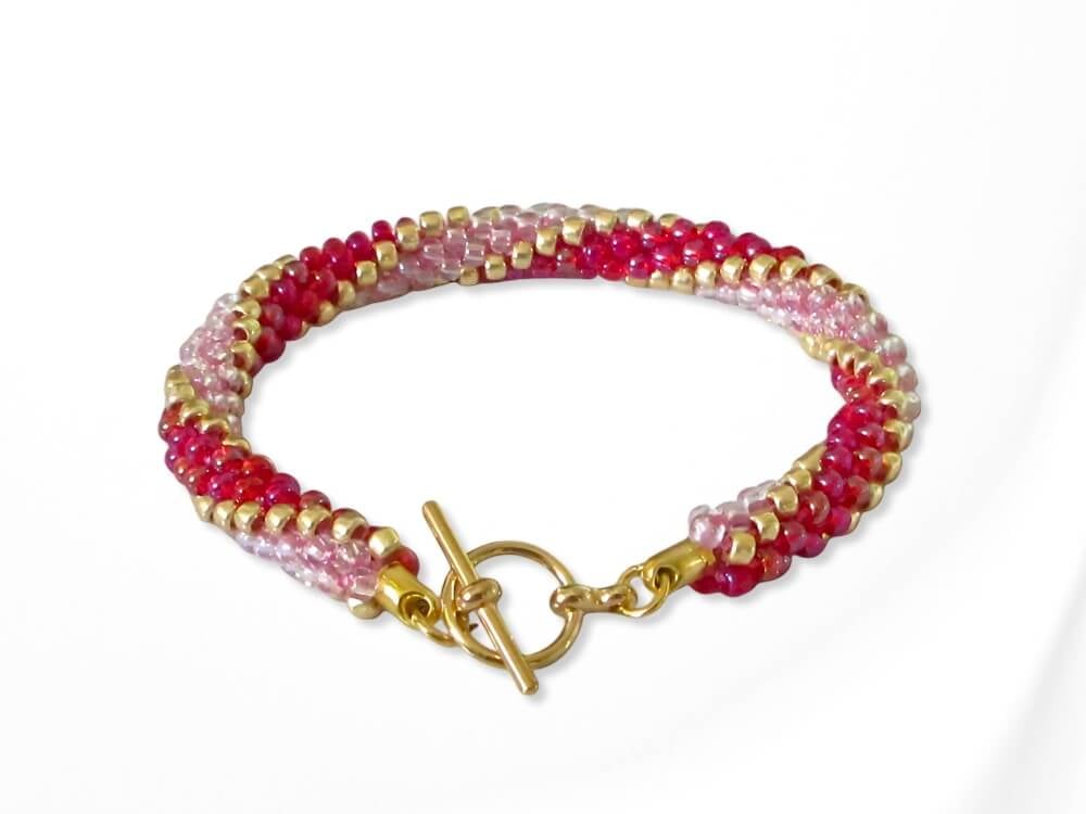 Red Clear & Pink 3 Stripes Kumihimo Seed Bead Bracelet - Choose Your Colours