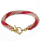 Red Clear & Pink 3 Stripes Kumihimo Seed Bead Bracelet - Choose Your Colours