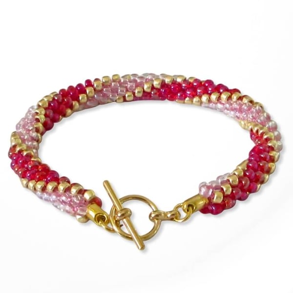 Red Clear & Pink 3 Stripes Kumihimo Seed Bead Bracelet - Choose Your Colours
