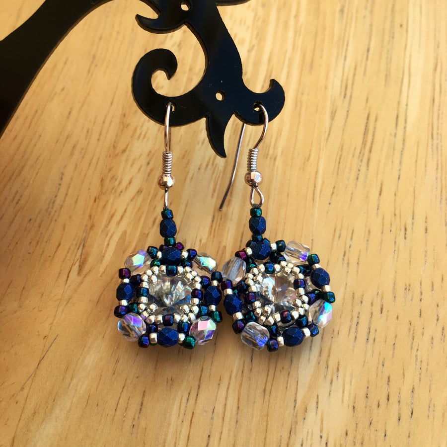 Navy Blue, Czech Crystal And Silver Beadwork Earrings 
