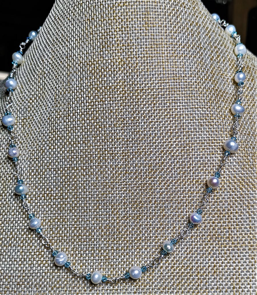 Sky blue crystal necklace with White cultured pearls