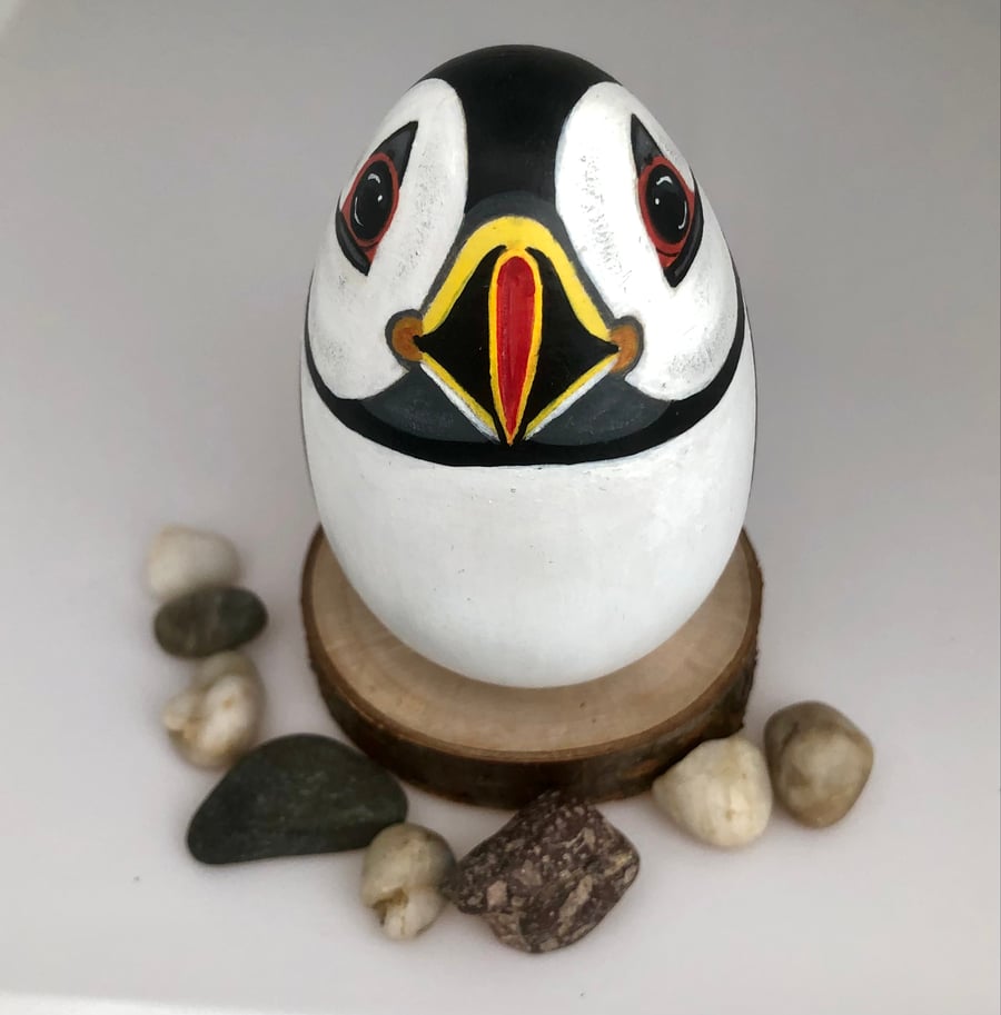 Puffin hand painted wooden egg ornament 