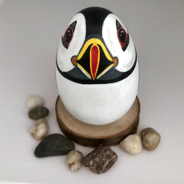 Puffin hand painted wooden egg ornament 