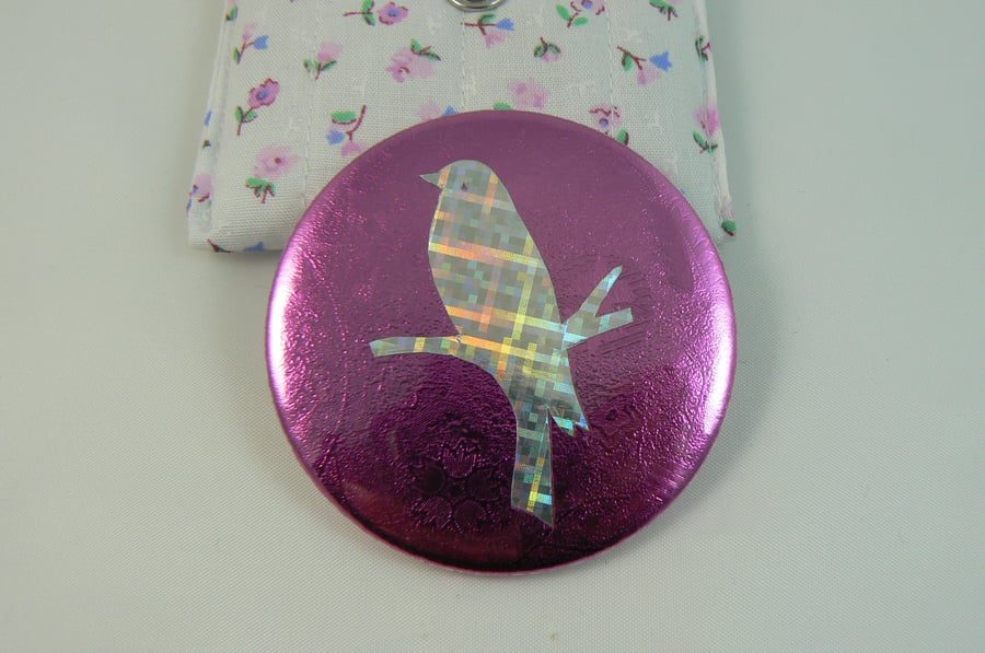 Pocket mirror with pouch (hologram bird)