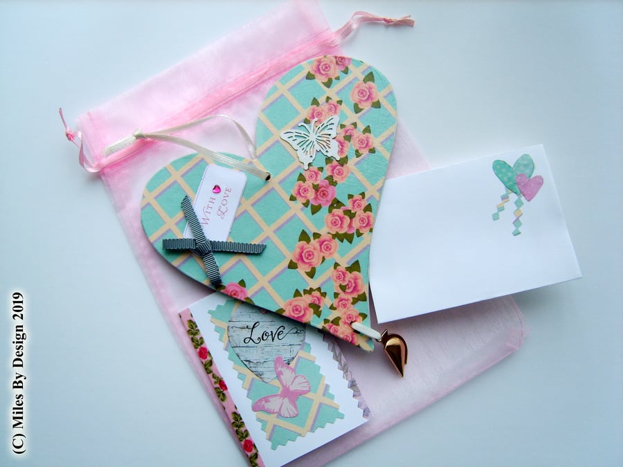 Decoupage Hanging Heart With Small Greeting Card Valentines or Anniversary