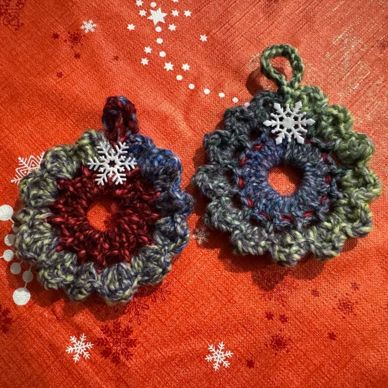 Set of Two Handmade Mini Crochet Christmas Wreaths – Green, Red & Grey-Blue
