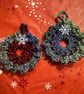 Set of Two Handmade Mini Crochet Christmas Wreaths – Green, Red & Grey-Blue