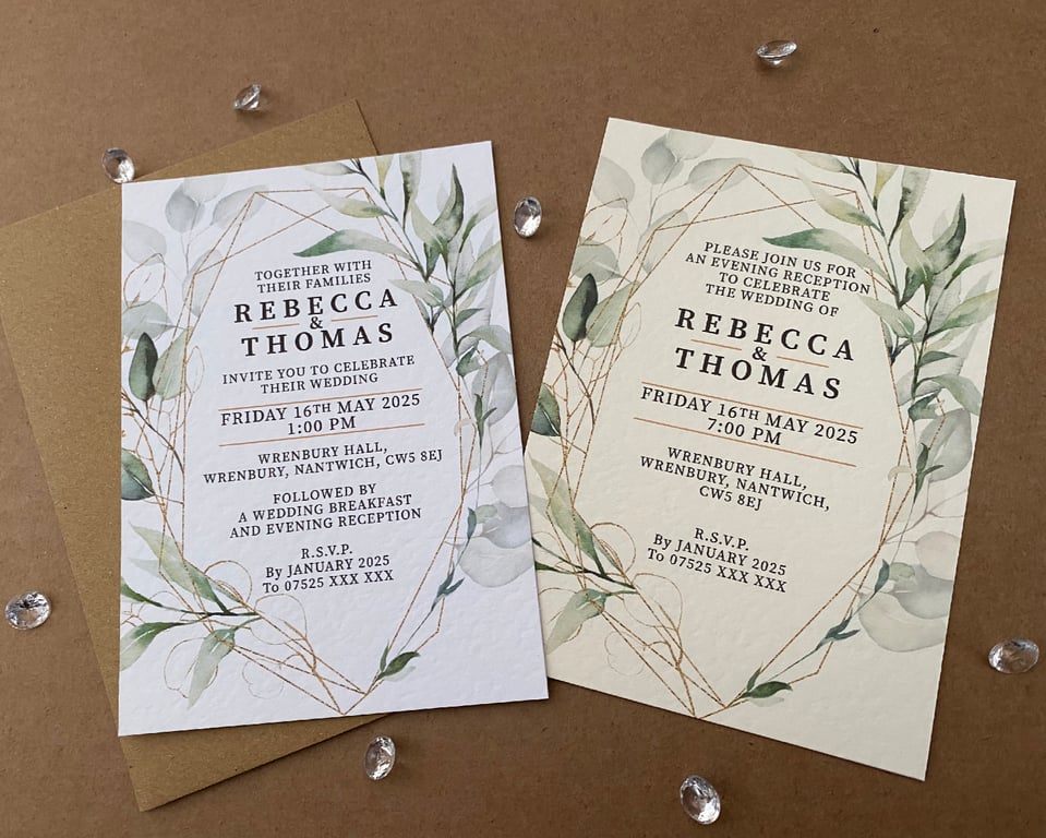 10 Eucalyptus greenery gold frame WEDDING INVITE cards pink A5 A6 invitations