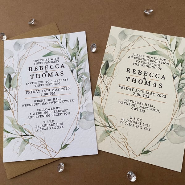 10 Eucalyptus greenery gold frame WEDDING INVITE cards pink A5 A6 invitations