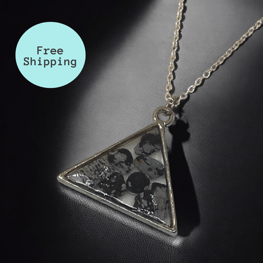 Snowflake Obsidian Silver plated Triangle Worry Stone Necklace - Free Postage