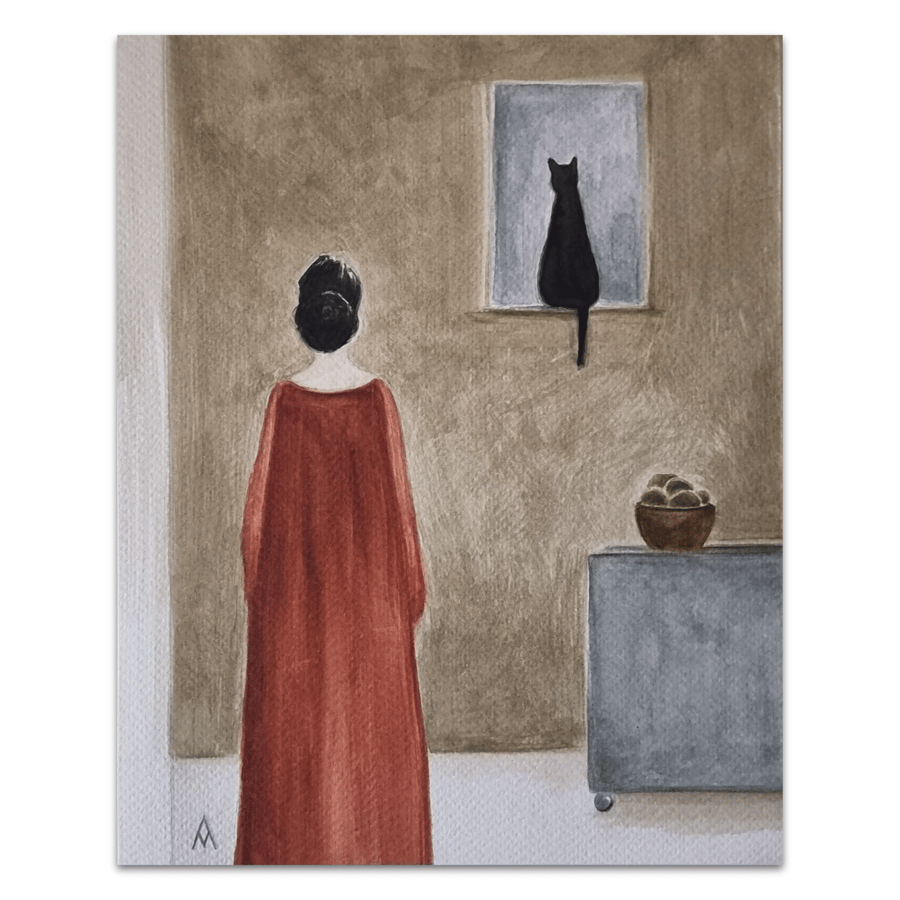 Original Watercolour Painting - Lady and Black Cat Illustration Art - 8x10