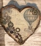 Steampunk Hot Air Balloon Wooden Heart Wall Hanging, Mixed Media Art, Eco-Friend - Image 2