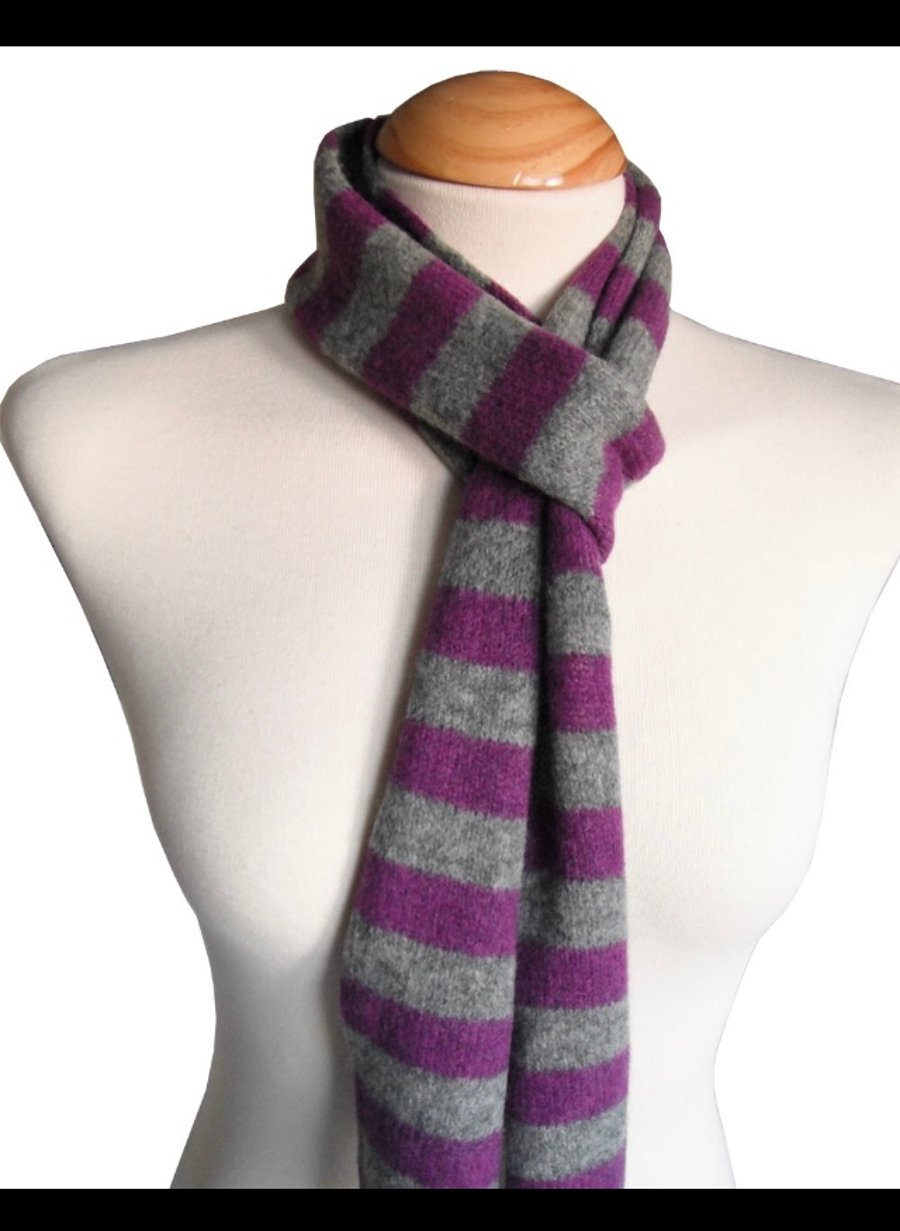 Purple and Grey Skinny Felted Scarf - Handmade striped scarf - Merino Lambswool