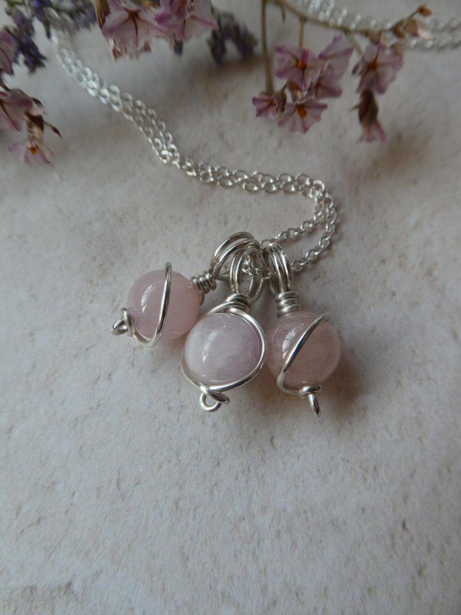 shades of pink sterling silver gemstone necklace, silver & rose quartz necklace