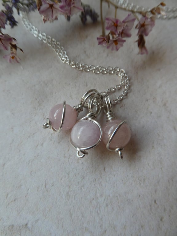 shades of pink sterling silver gemstone necklace, silver & rose quartz necklace