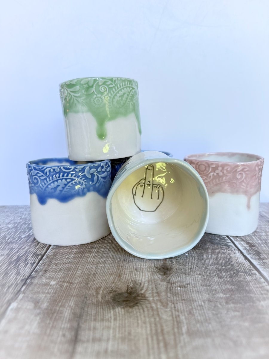 Handmade porcelain rude mug, cup, tumbler. Swear, cheeky 