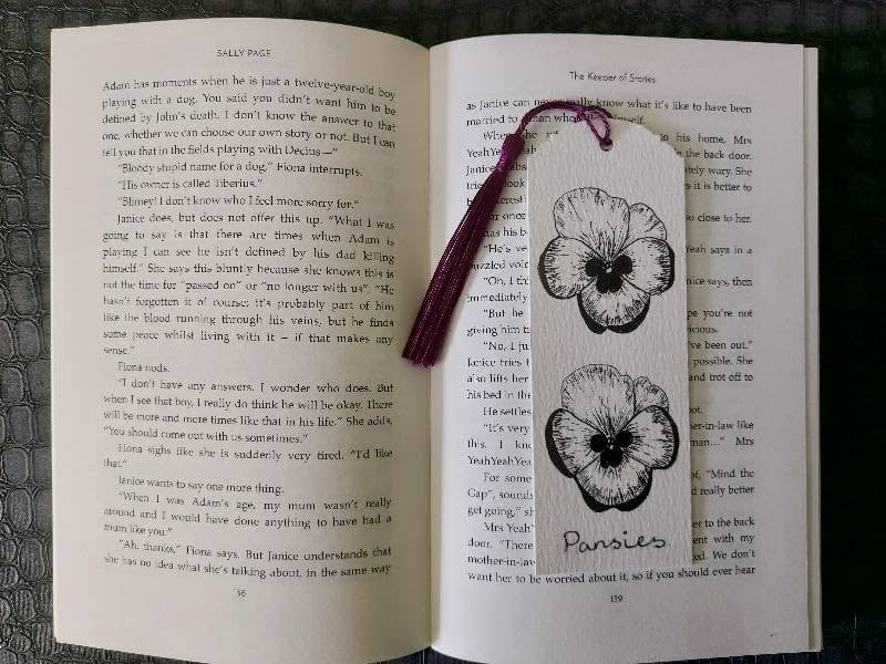Hand-Drawn Botanical Bookmark - Pansy - Ink Illustration with Purple Tassel