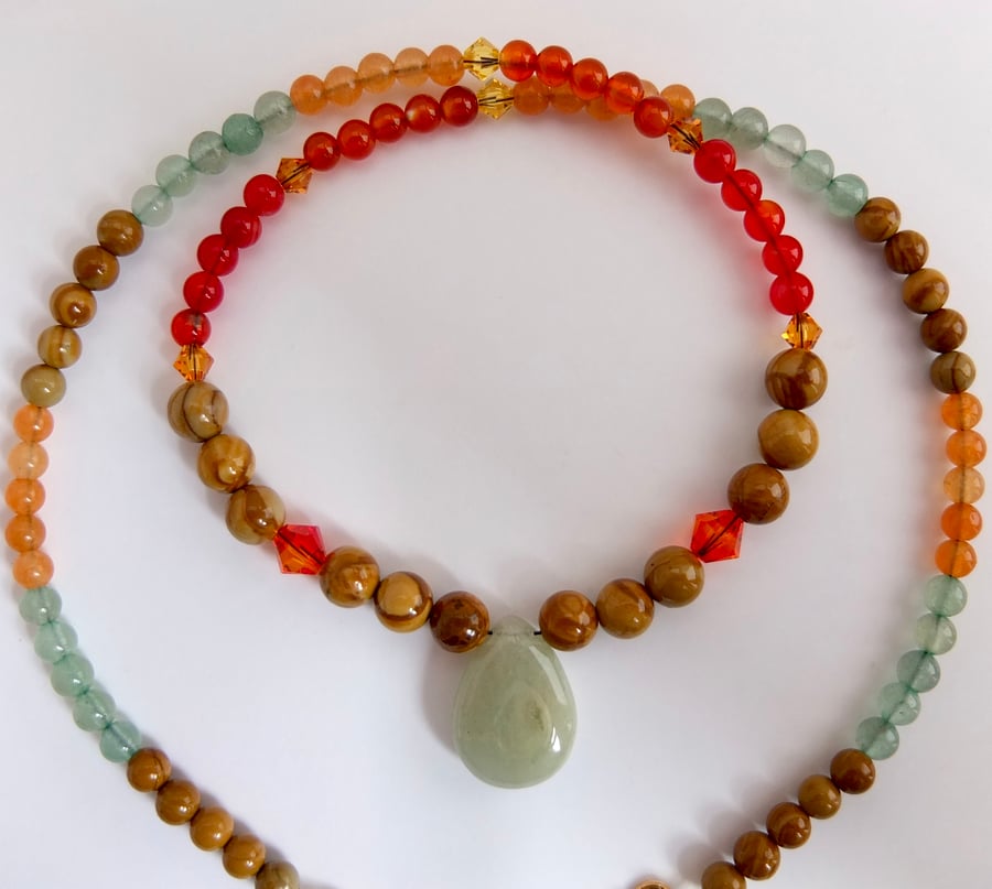 Wood Lace Agate, Carnelian and Aventurine Necklace - "Autumn Woodland".