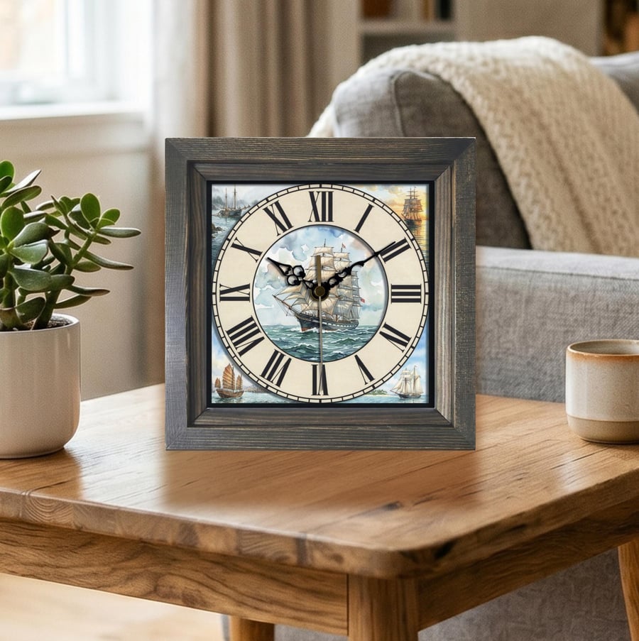 Vintage Style Tall Ship Sailing Scene Square Wooden Wall Clock -Handmade 8x8"