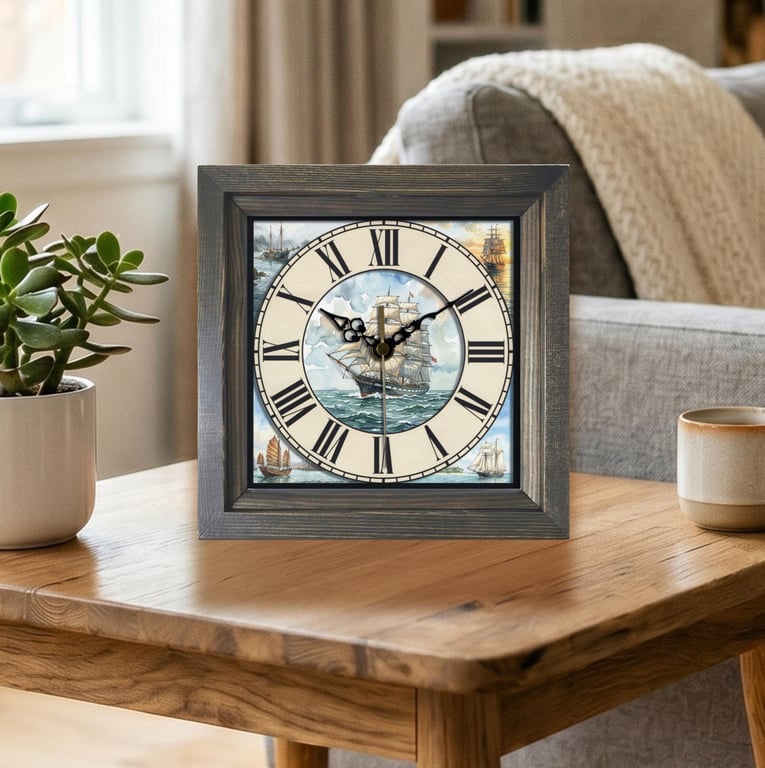 Vintage Style Tall Ship Sailing Scene Square Wooden Wall Clock -Handmade 8x8"
