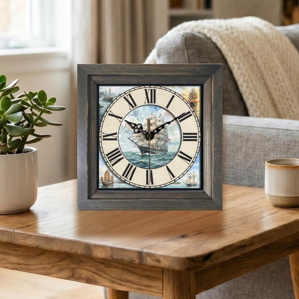 Vintage Style Tall Ship Sailing Scene Square Wooden Wall Clock -Handmade 8x8"