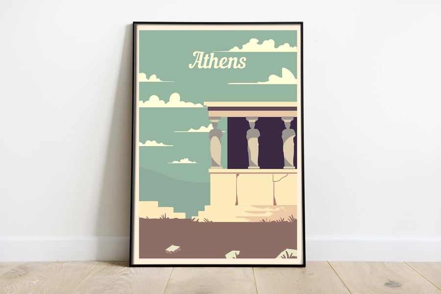 Athens retro travel poster, Greece travel poster