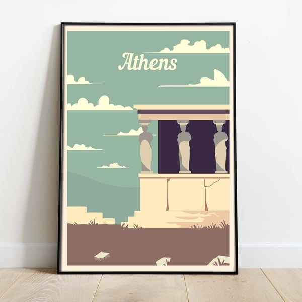 Athens retro travel poster, Greece travel poster