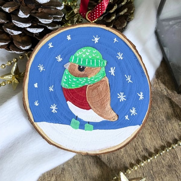 Wood slice hand painted  Christmas robin hanging decoration