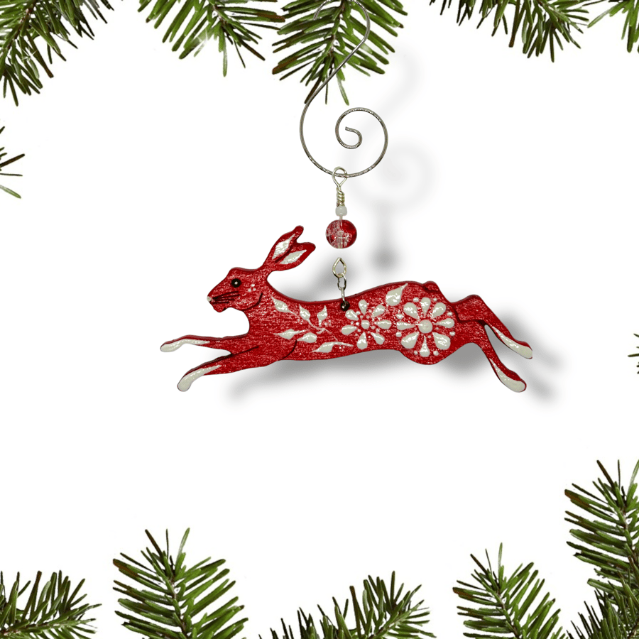 Hand-painted wooden Running Hare decoration