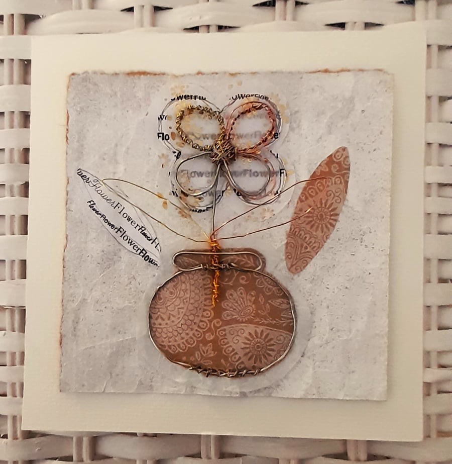 Wire Flower in a Round Vase. Silver Gold Copper White & Natural Tone Artwork. 