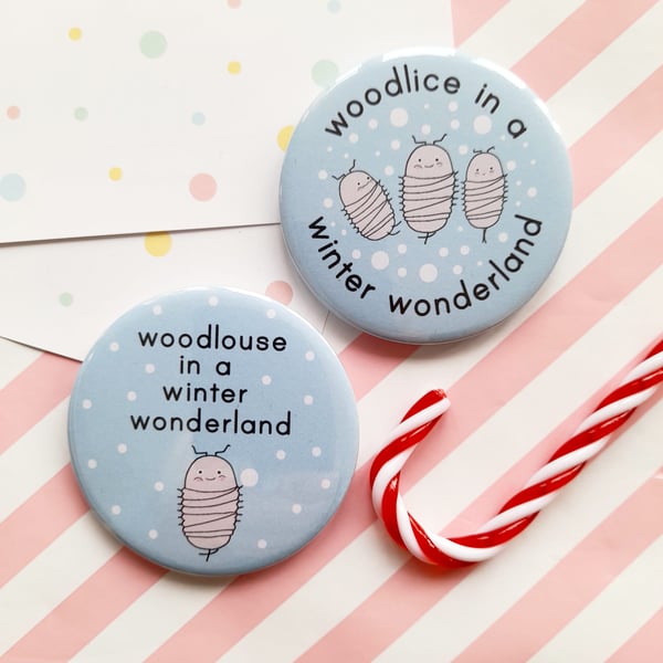 christmas badges - woodlice in a winter wonderland -  set of two 58mm pin badges