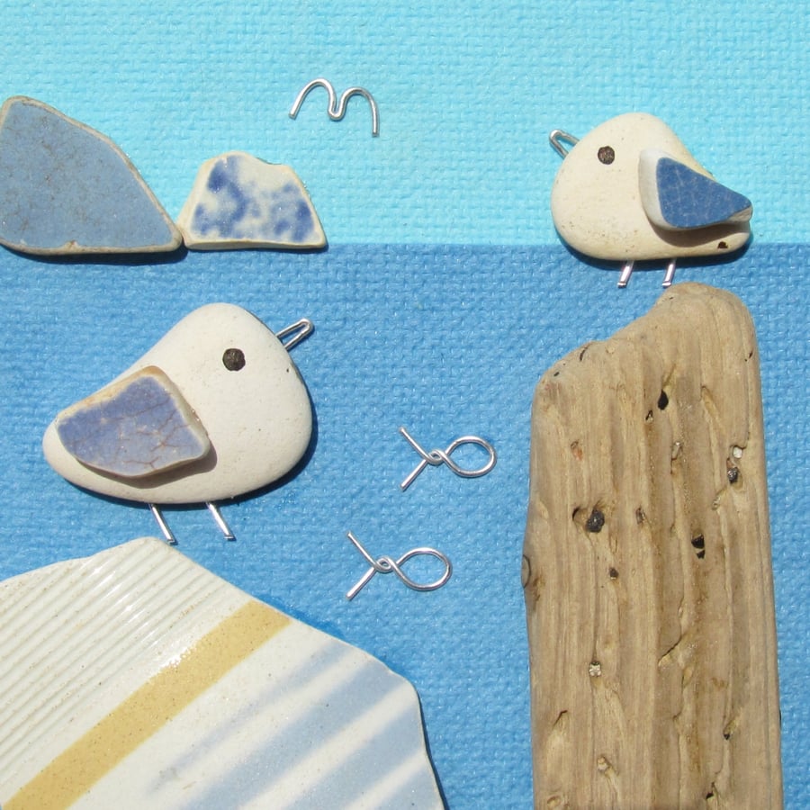 Framed Beach Pebble Art: Seagulls. Scottish Pottery & Driftwood, Fife, Scotland