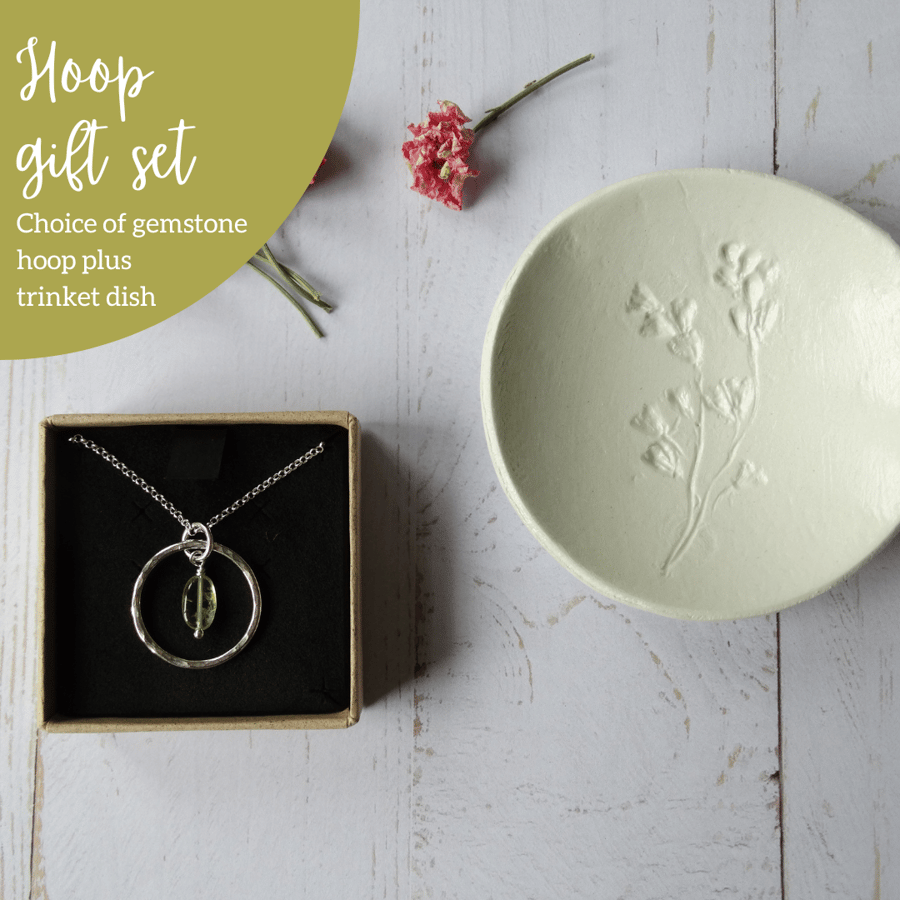 Gemstone gift set bundle - choice of coloured gemstone hoop pendant plus dish