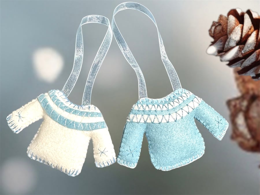 Pair of matching Christmas fair isle jumpers hanging decorations, couples gift 