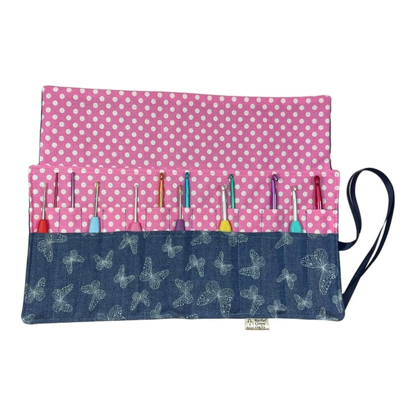 Crochet hook case with butterflies on denim, Ergonomic hook organiser,