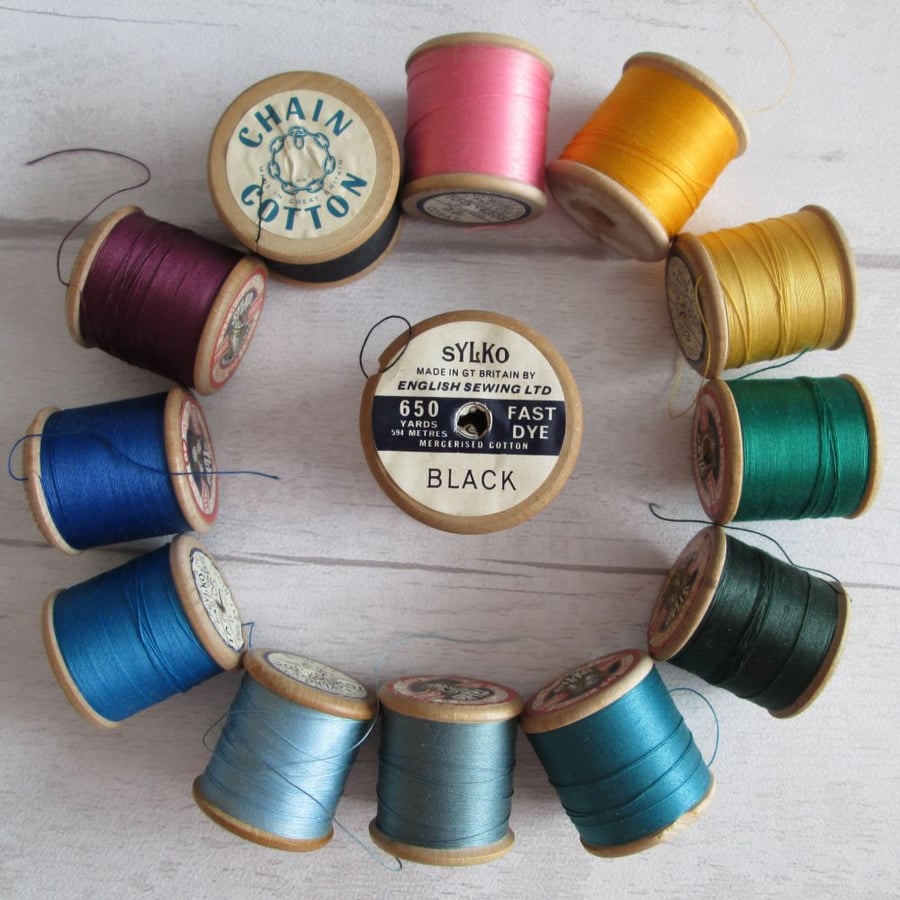 SOLD - Vintage Sylko & Coates Sewing Threads on Wooden Reels - 14 Reels