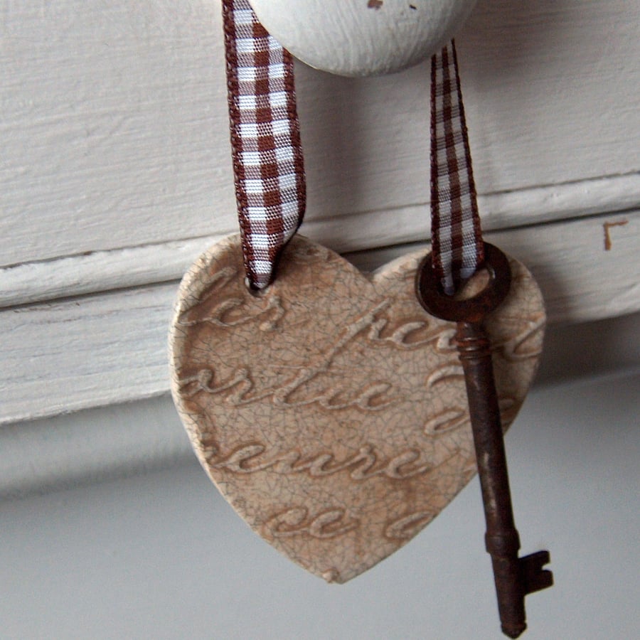  Ceramic Heart and Rusty Key, Wedding Favour.