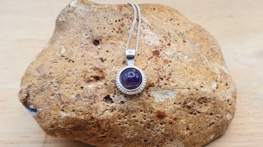 Tiny Amethyst Pendant necklace with studded edge