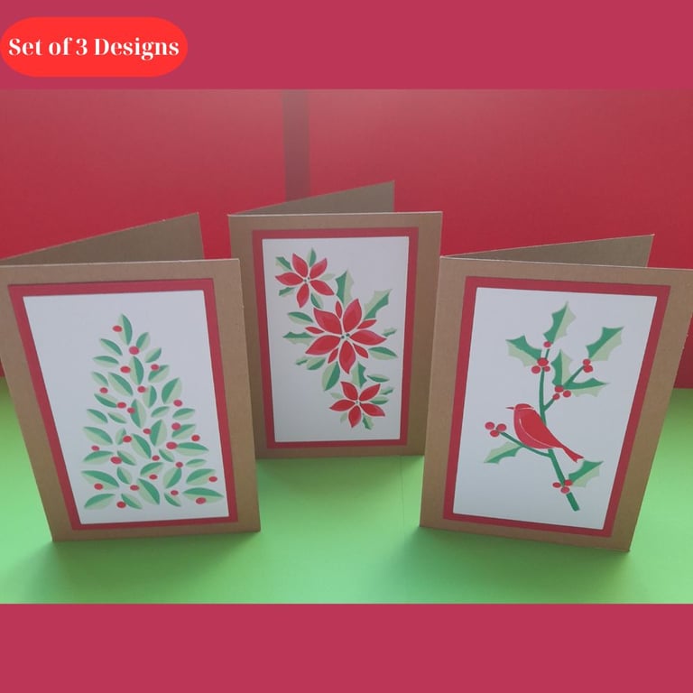Set of 3 Handmade Cards - 3 Designs - Traditional Red & Green