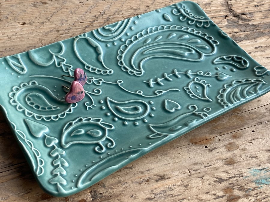 Trinket Tray or Soap Dish handmade ceramic with Paisley design