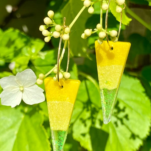 Handmade two tone yellow resin and yellow glitter triangle hoop earrings