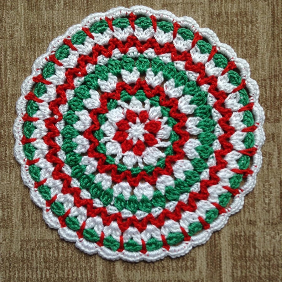 Crochet Christmas Mandala Doily Table Mat in Red, Green and White