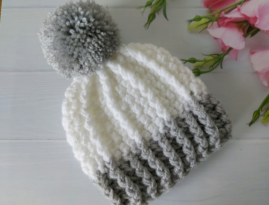 0-3 Months Chunky Pom Pom Crochet Baby Hat in Silver and White - Ready to Post