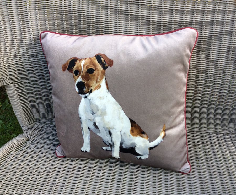Jack Russell cushion. Velvet dog pillow. Wool check Jack Russell cushion.