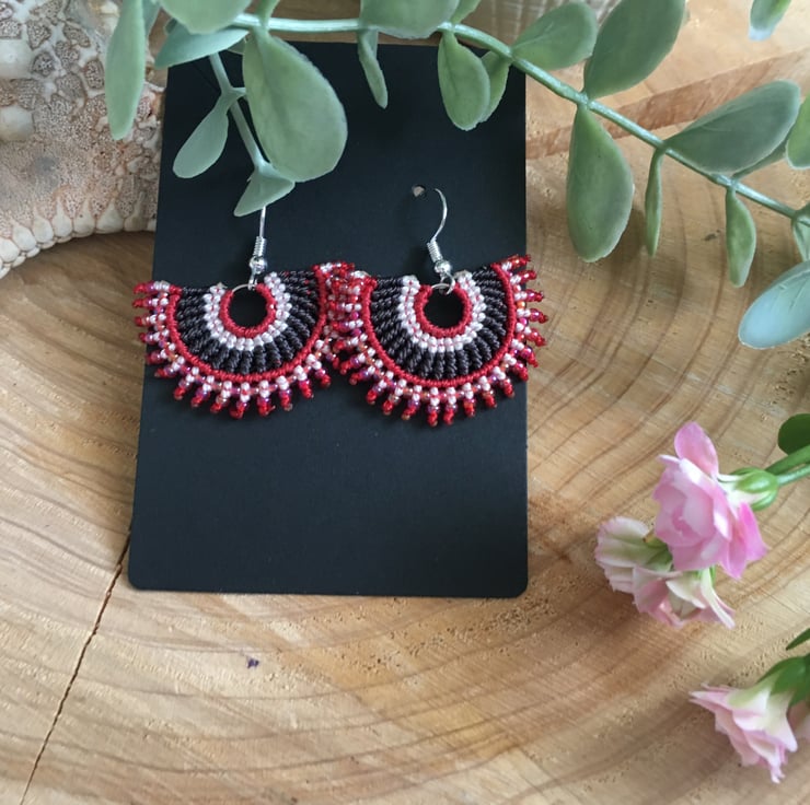 Red and black handmade macrame beaded fan earri... - Folksy