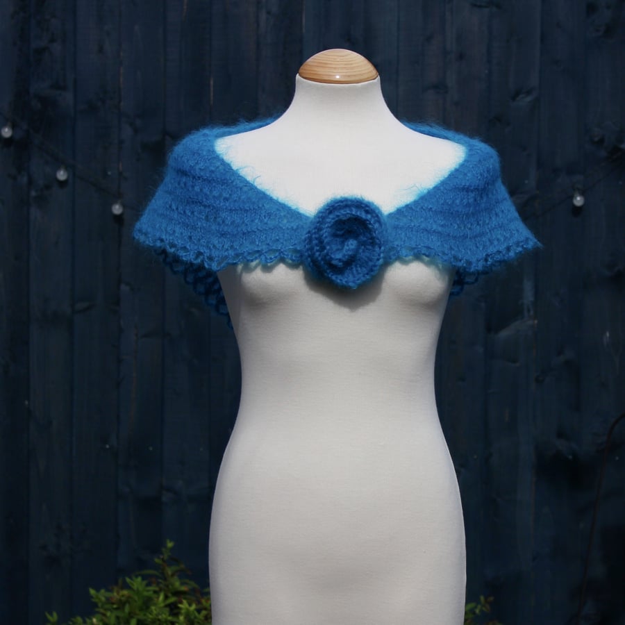 Pretty triangular lace shawl in vintage Kingfisher Blue mohair - design A516